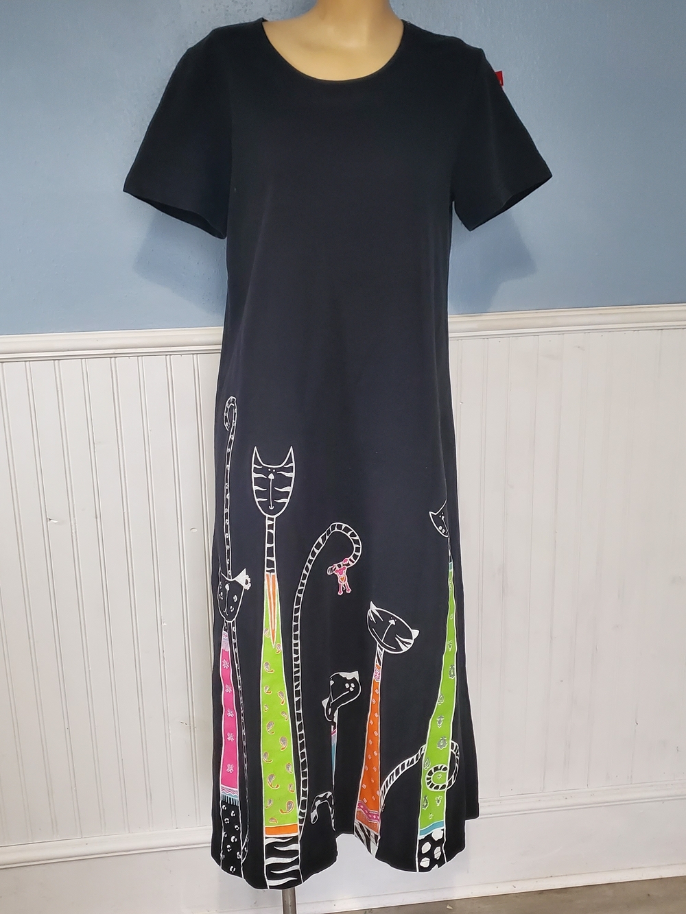 Vintage 90's CITE Black Maxi Dress with Colorful Cat-Print